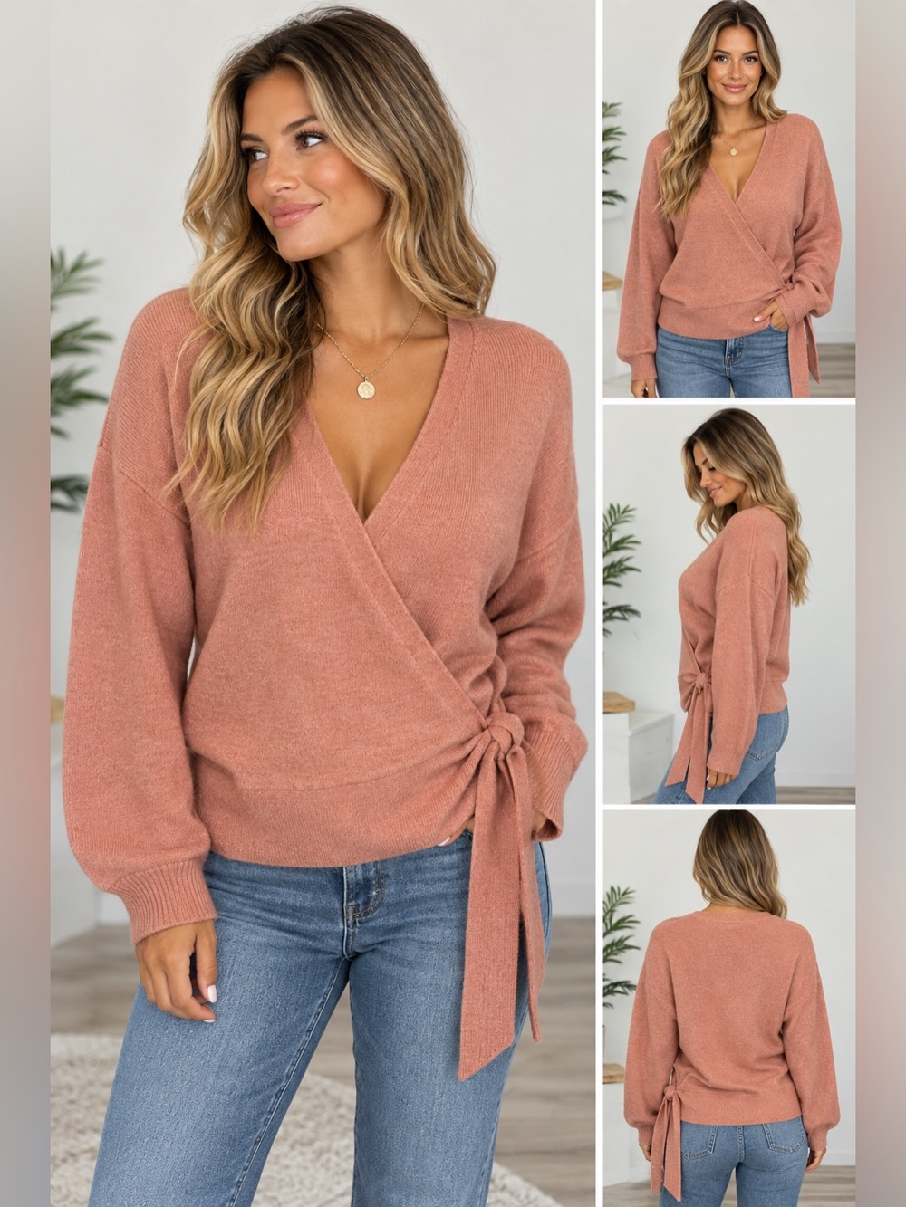 Wayf peach Davy Wrap cardigan sweater size small